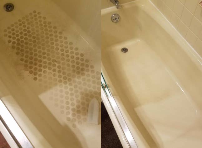 A customer review photo showing their bathtub before and after using the remover