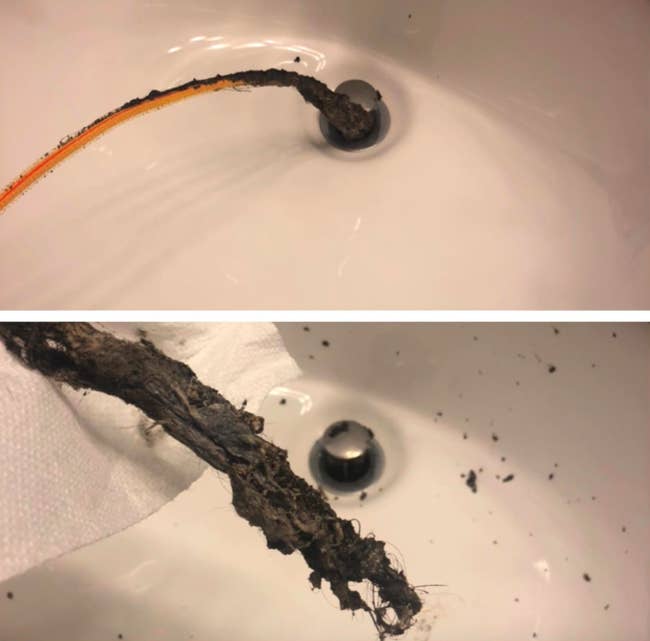 A customer review photo showing the gunk they pulled out of their drain