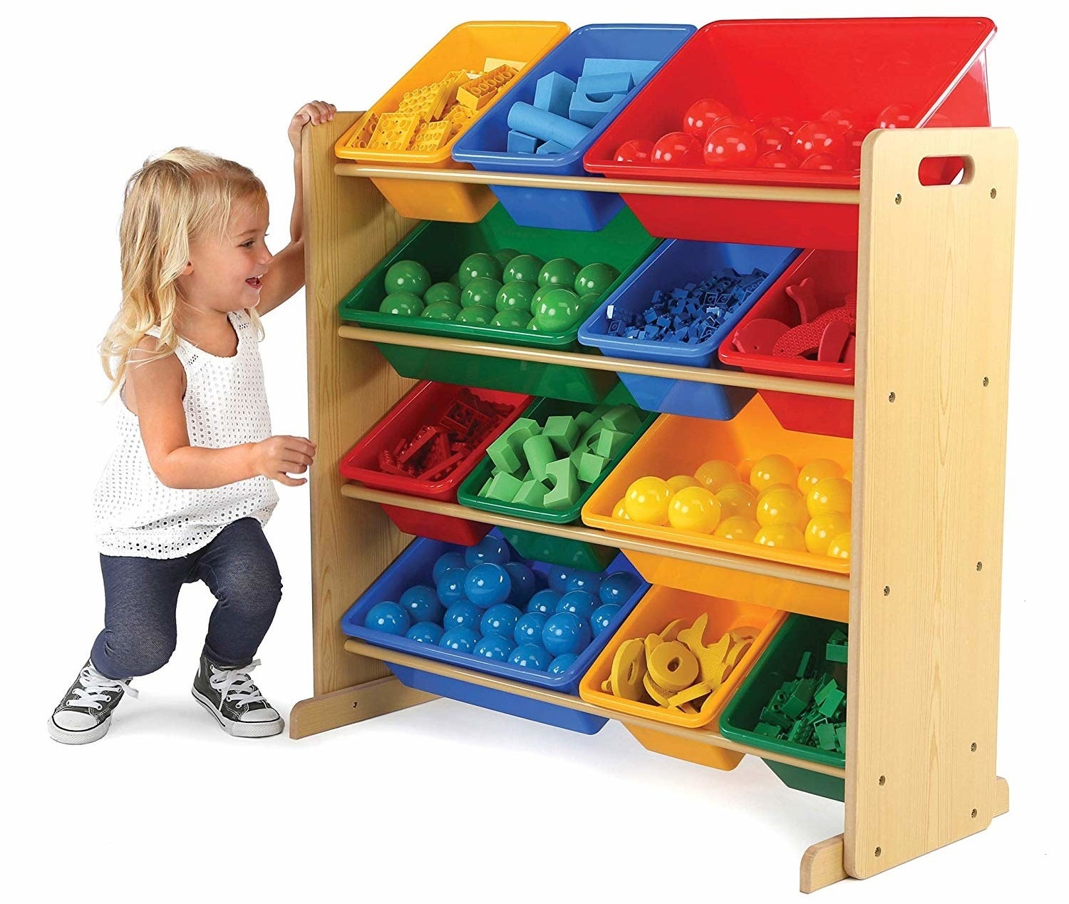 four kid-height shelves that hold one narrow, one medium, and one large bin each; the bins are red, blue, yellow, and green