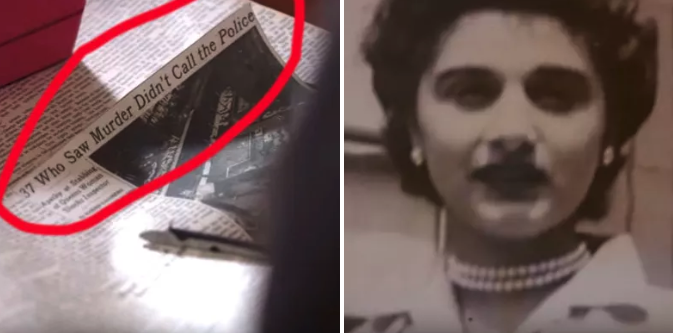 A photo of an old newspaper and a picture of Kitty Genovese