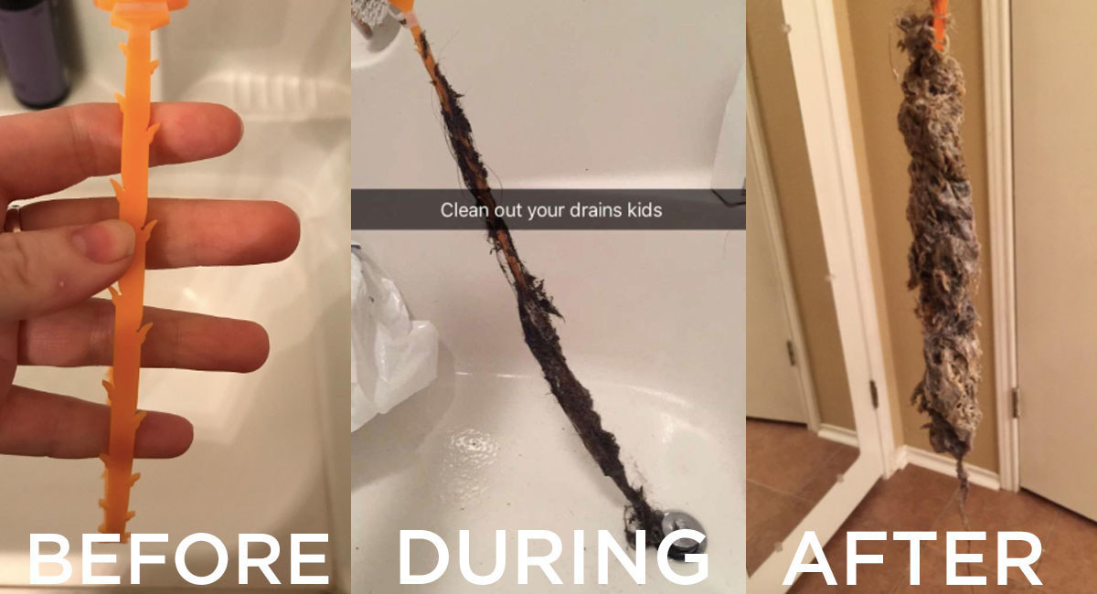 Reviewer using the drain snake to remove a serious amount of hair and gunk from drain