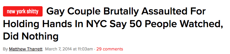 新闻标题:同性恋夫妇残忍地殴打牵手在纽约说50人看着,什么也没做