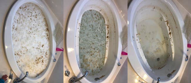 A series of customer review photos showing all the gunk coming out of their jetted tub