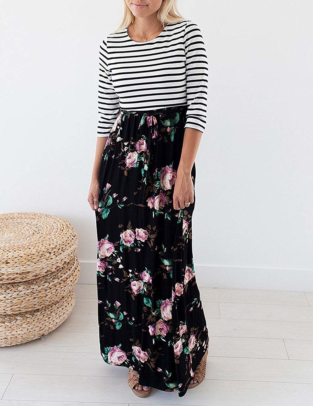 striped top floral bottom maxi dress