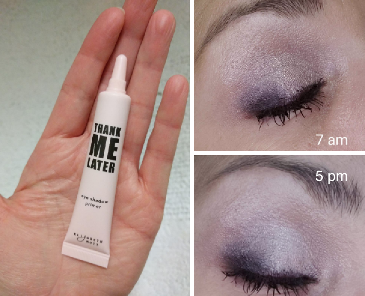 Reviewer&#x27;s before pic at 7 am and after pic at 5 pm showing little eyeshadow smudging and fading