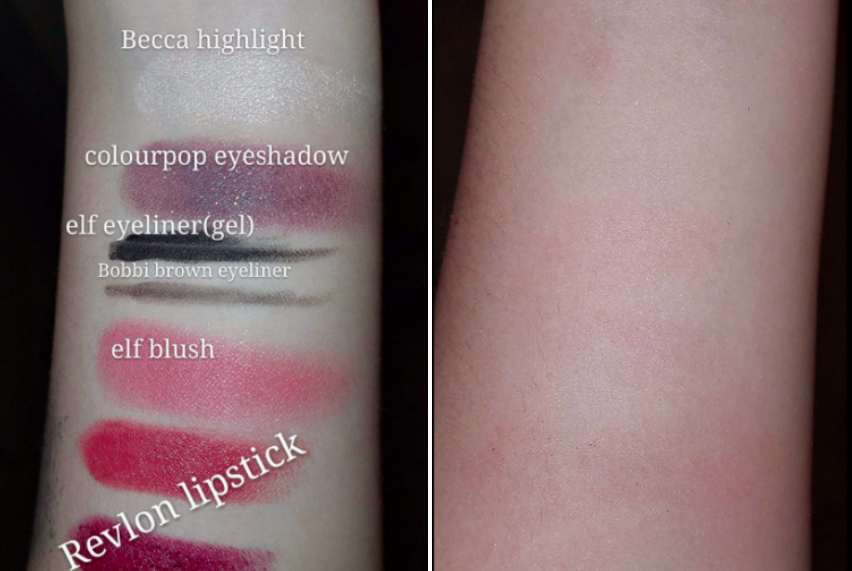 Image of reviewer swatching different makeups on arm and then removing them all with a makeup cloth
