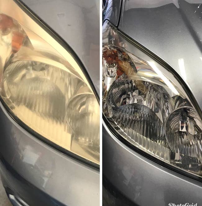 Before and after of a yellowed car headlight and a bright new one 
