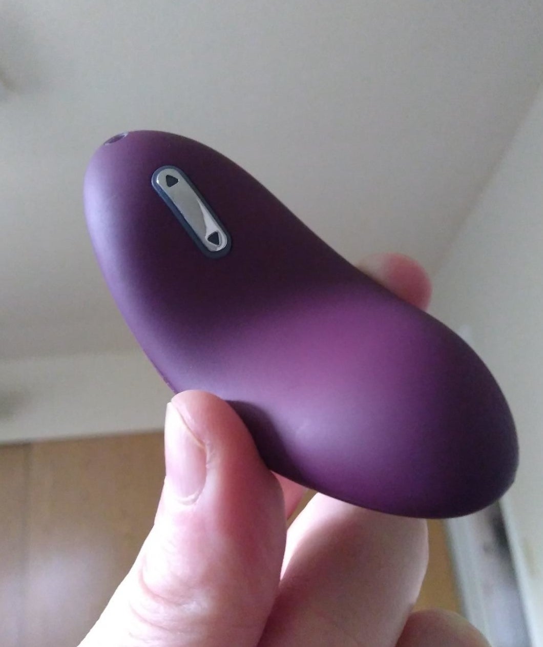 reviewer holding the Svakom vibrator in purple