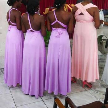 reviewers wearing the lilac and pink versions with the straps tied in the back to make one-shoulder and racerback styles