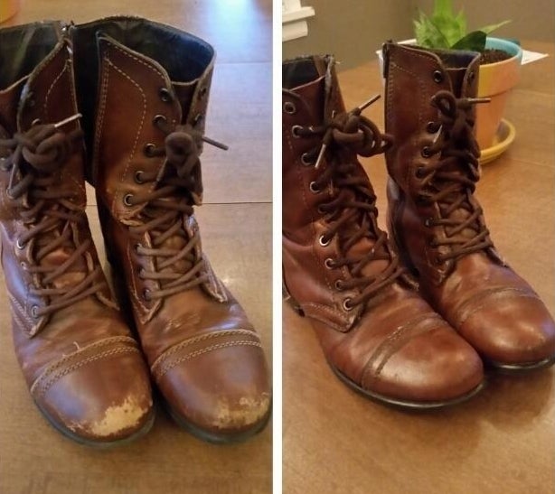 a photo set displaying a reviewer&#x27;s boots before and after being cleaned with the mink oil