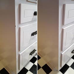 a before and after shot displaying a reviewer's drawers after being treated with the touch-up paint