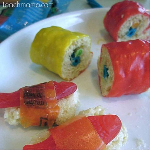 Find out the fun recipe for how to make this — with stuff like Rice Krispies treats, Fruit Roll-Ups, and Swedish Fish — at Teach Mama.
