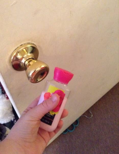 To play it safe, put the lotion on the outside of the door so your kid can't get in. But you can also put it on the inside of their door — giving your kid fits as they try to get out of their room, LOL — if you think they're up for it!