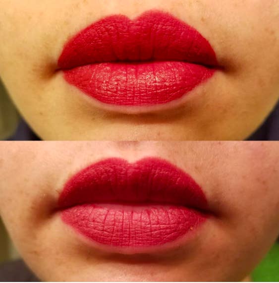 Above, reviewer wearing a red lip. Below, the reviewer wearing the lipstick which is only  slightly faded