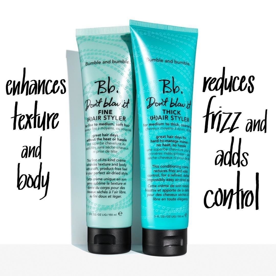 The two tubes of product, one that enhances texture and body (for thin hair) and one that reduces frizz and adds control (for thick hair)