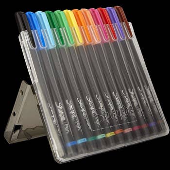 The set of twelve pens, in the following colors: black, blue, light blue, green, light green, yellow, orange, coral, pink, red, purple, brown