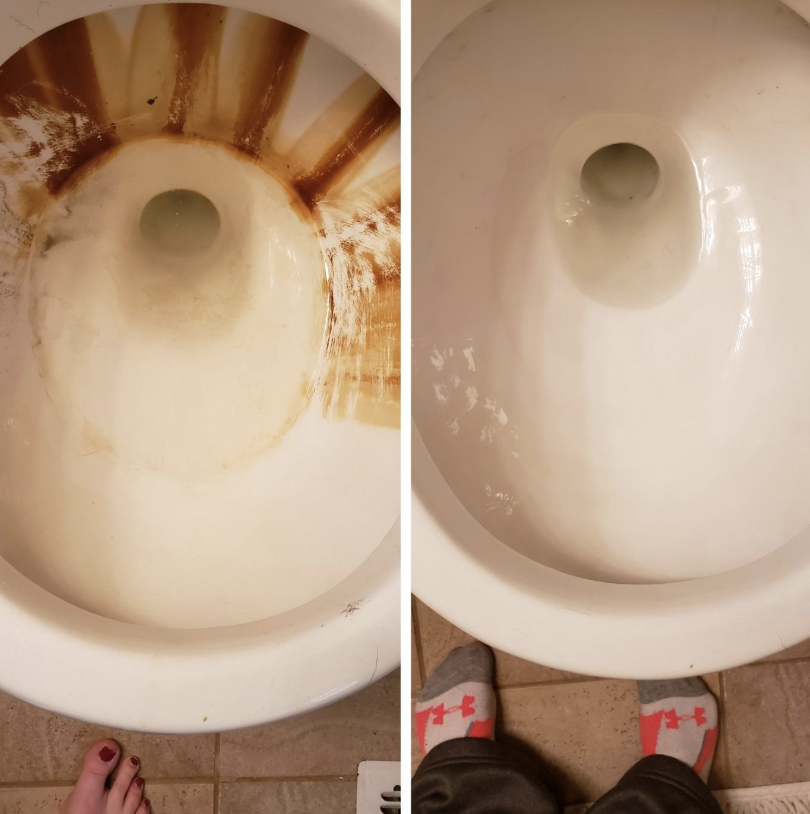 before and after of a toilet with ugly stains, and the same toilet nice and clean after use of pumice stone