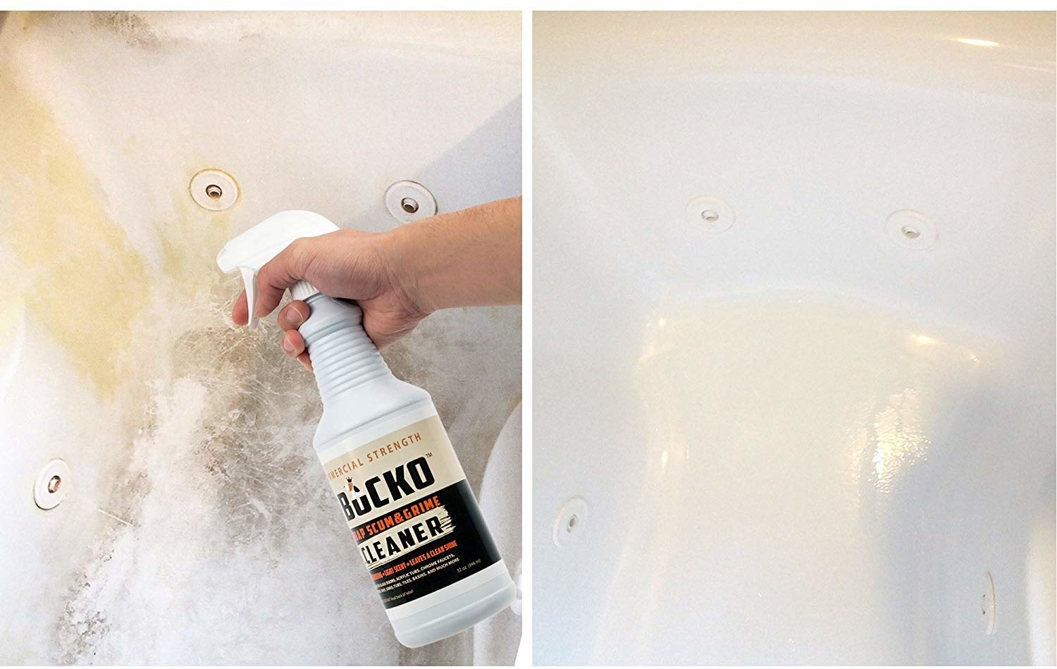 On the left, a hand spraying the product on a grimy bathtub. On the right, the tub looking shiny and clean