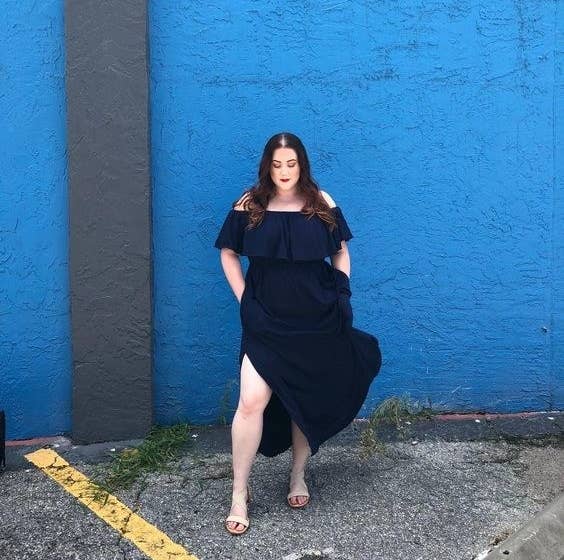 Reviewer wearing the dress in navy