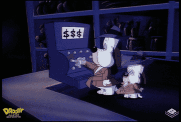 gif of droopy the cartoon dog ringing a bunch of people up at a cash register