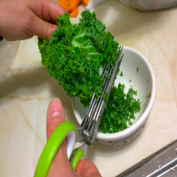 A reviewer using the scissors to cut kale