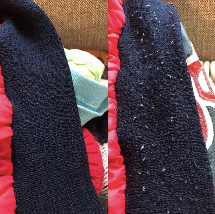 before and after of a scarf full of lint, then clean after using the defuzzer