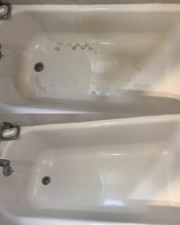 before and after of dirty bathtub that is clean after using Bar Keepers Friend