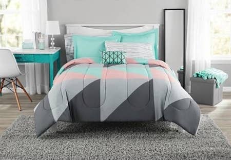 It comes with a comforter, sham, flat sheet, fitted sheet, pillowcase, and decorative pillow.Promising review: "Recently purchased this comforter set and I'm a proud owner. First of all, I love the funky, upbeat modern style of this particular sheet set; it's vibrant and uniquely designed. It's soft and comfortable, lightweight and easy to wash. Overall a great product!" —Klove9191Price: .15+ (available in three sizes)