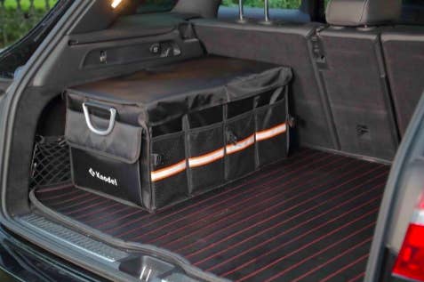open SUV trunk with this lidded organizer in it, matching the car interior