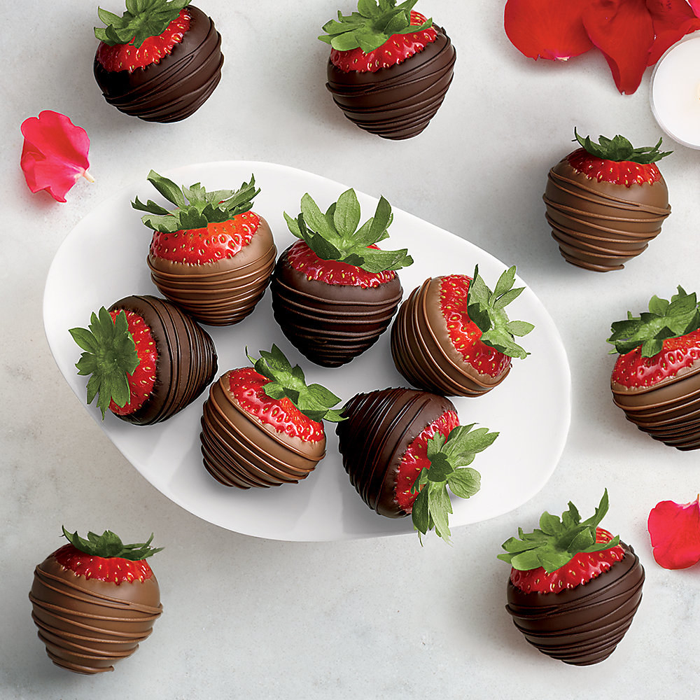 a dozen dark chocolate and milk chocolate covered strawberries 