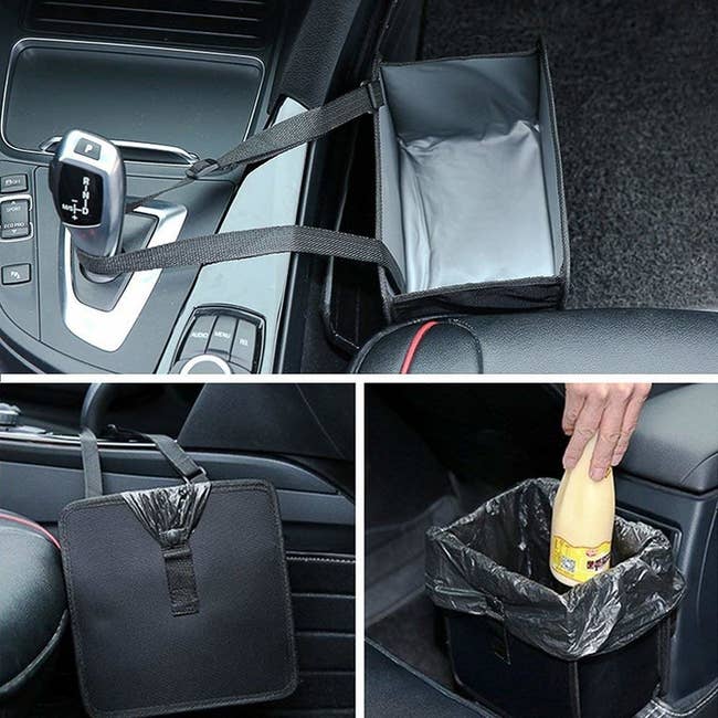 lunch box-sized black car trash can with liner bags