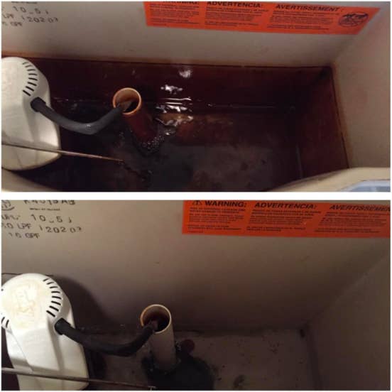 On the top, a reviewer&#x27;s toilet tank entirely stained and brown. Below, the same tank with the stain almost completely gone