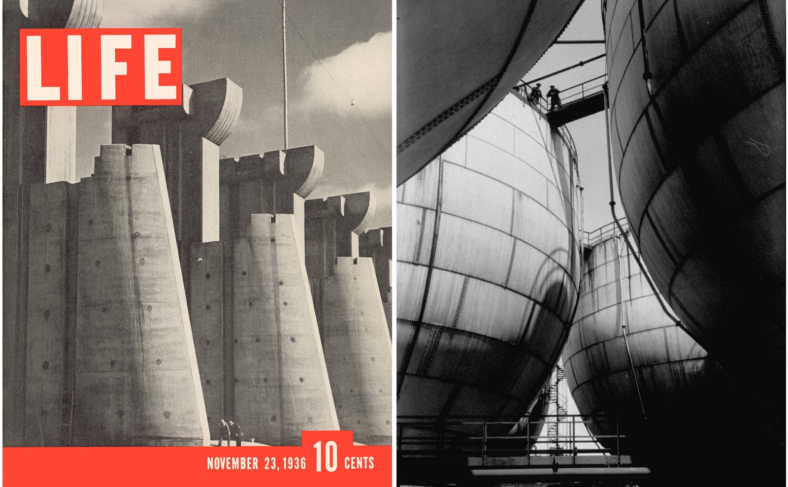 À esquerda: a primeira capa da revista Life traz uma fotografia da represa de Fort Peck, sobre o rio Missouri, em Montana, em 23 de novembro de 1936. À direita: tanques de armazenamento de amônia, em 1939.