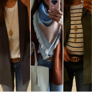 A reviewer wearing the brown version with three different jeans outfits
