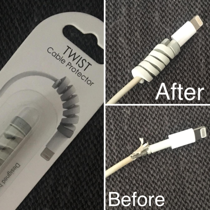 a before and after photo of a reviewer&#x27;s ripped phone charge looking brand new with the twist cable protector on it