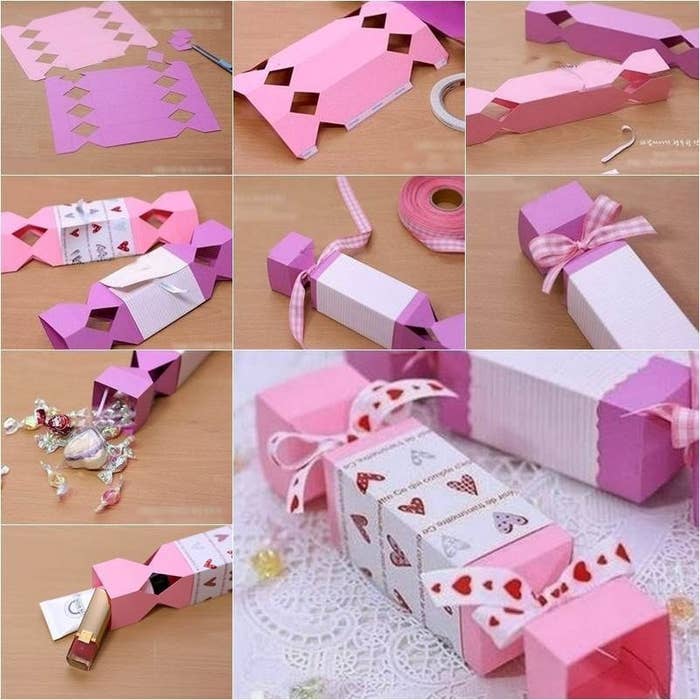The procedure for creating a candy-shaped box is very simple and fun doing. You need to be a little creative with the things you have. If you want to make a candy-shaped box with the paper then pick up the color paper and with the pencil create a beautiful design on it. You can select a printed paper but in case you want to make your own design then you can create one. Color the design and your paper will look like a painting now. If you want to make a candy-shaped box with the card, you can create a design on the card with the marker. You can copy any design and paste it on the paper or card. Then the next step is the use of scissors. You need to cut the paper according to the size of the candy. With the cutter or scissors create the zigzag shape on its surface. As the edges of the paper or card should look like zigzag or the shape you want. You can give any other your own choice design. But give the design you want on the edges, as it will be clearer.Next step is folding of the paper. Fold the paper or card carefully. You should fold your paper in equal parts and without any wrinkle on it. The edges should be clear and stiff. Now, to fix the paper apply glue or tape. If you are using the card then use the glue but if you are using the paper then the tape is the better choice. Fold your candy paper from all the sides but you should leave a small space open. You candy-shaped box is almost ready now.