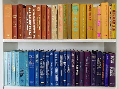 shelf of color-coordinated red, yellow, blue, and purple books