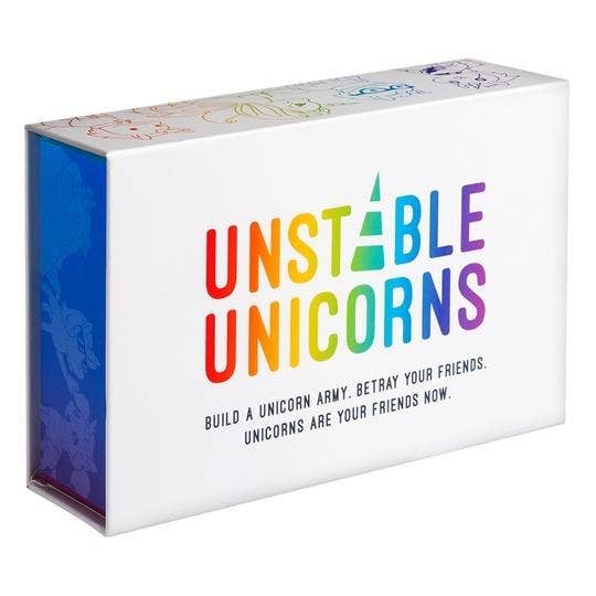 Betray Your Friends. Unicorns Are Your Friends Now. Unstable Unicorns is a strategic card game about everyone’s two favorite things: Destruction and Unicorns. Designed by the creator of TeeTurtle, Unstable Unicorns features a combination of stellar artwork and carefully calibrated gameplay for an infuriatingly magical experience. With rules for 2-8 players and 4 killer expansions, Unstable Unicorns will be the new game night favorite and will get the tweens off their phones!