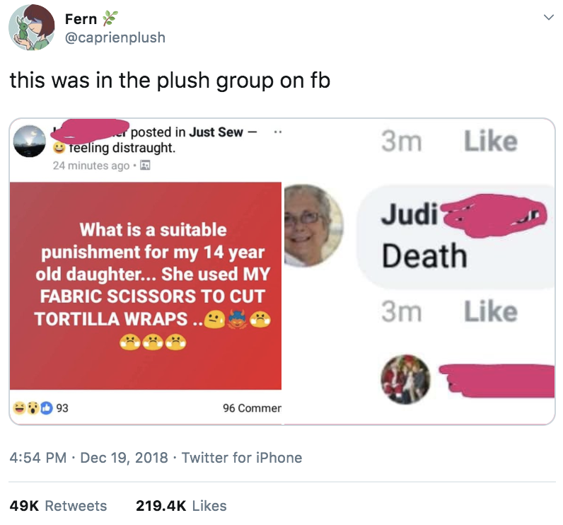 When someone asks in a Facebook group what is a suitable punishment for a teen daughter who used fabric scissors to cut tortilla wraps, &quot;Judi&quot; responds, &quot;Death&quot;