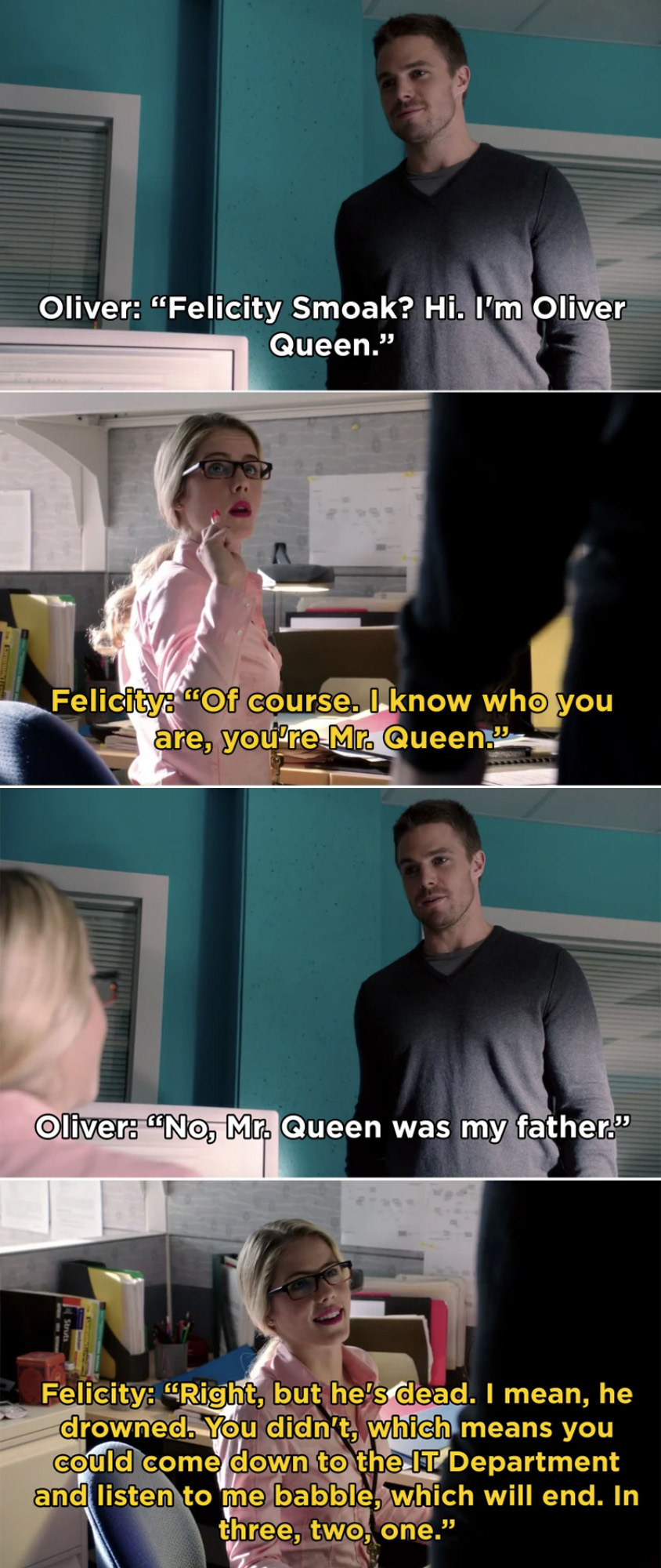"A head-tilt and a smile was all it took for me to fall in love with these two. They stole my heart the second Oliver walked into Felicity's office."—NoDecaff4Me, Twitter