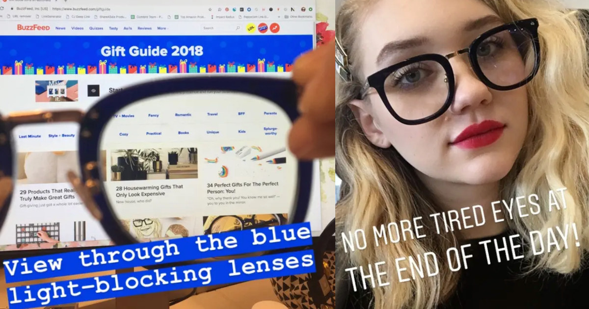 The author wearing the glasses with text &quot;no more tired eyes at the end of the day&quot; and a photo of a computer screen as seen through the lenses, with less blue tones