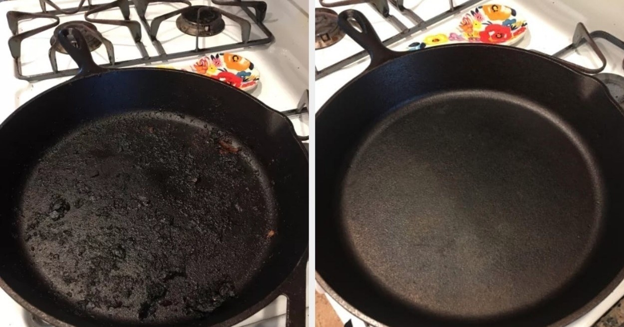 A before and after photo of a cast iron skillet