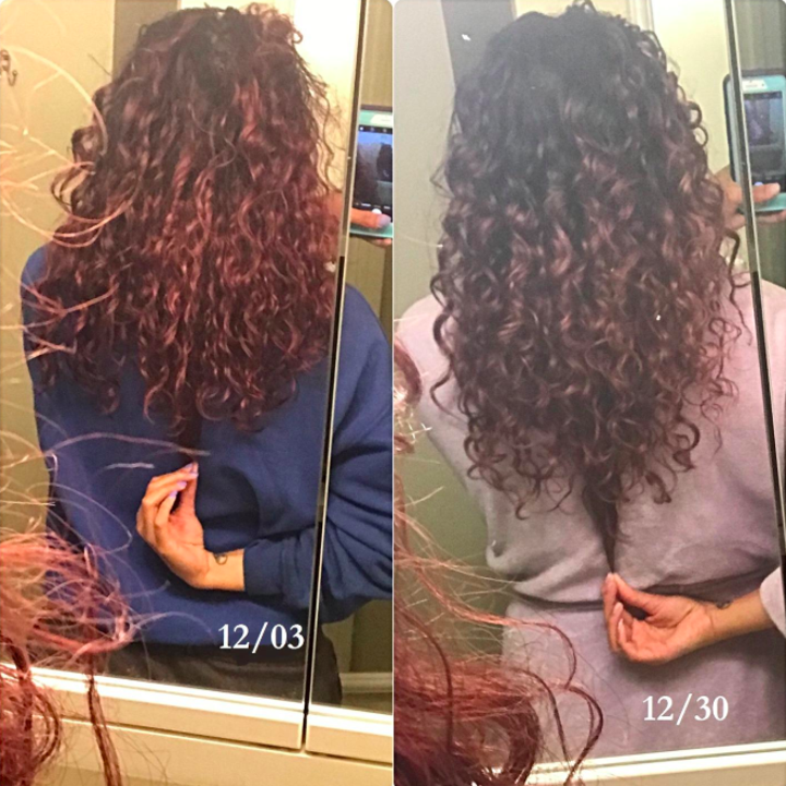 A customer review photo showing their hair growth since using the shampoo brush