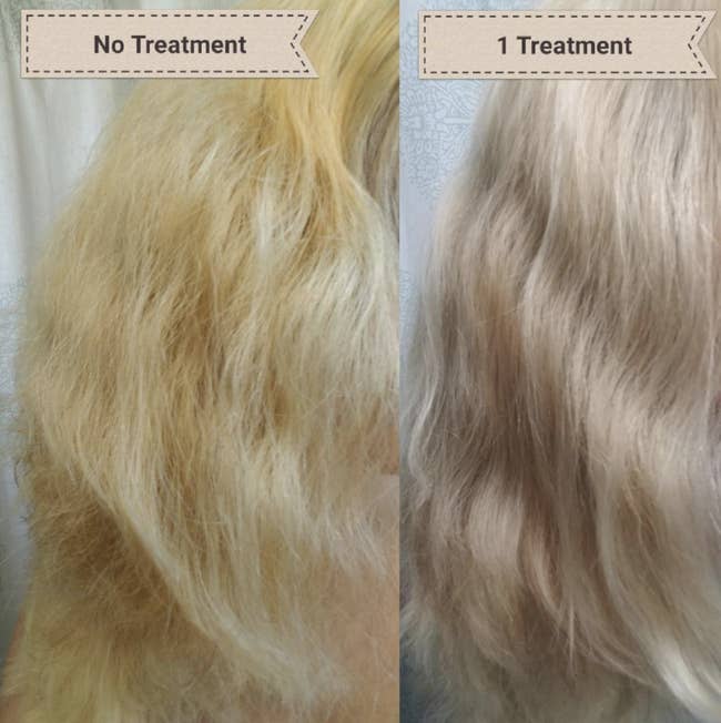 Reviewer before and after one treatment with less yellowy tones and frizz