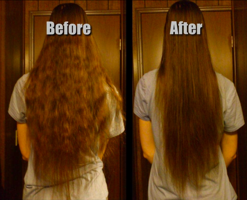 A customer review photo showing their hair before and after using the mask