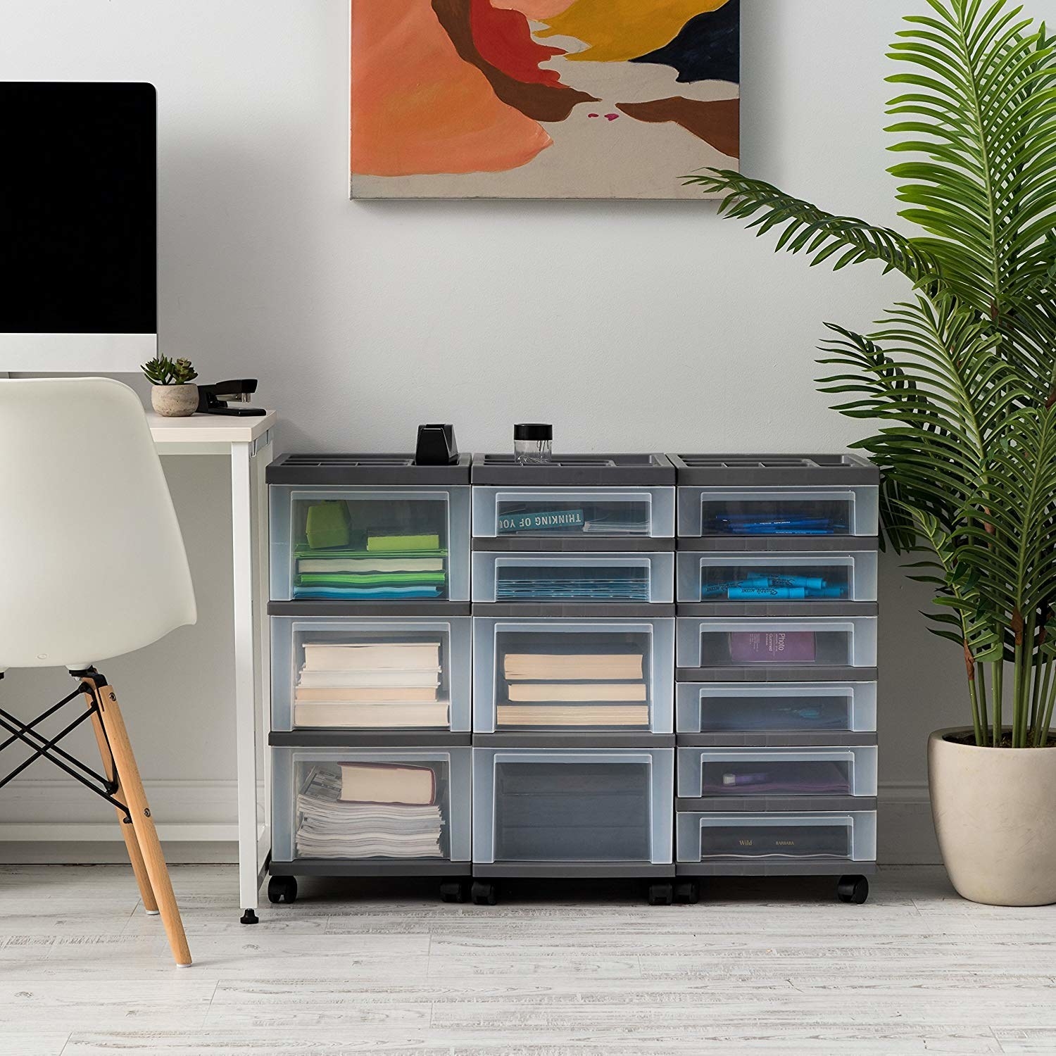 Promising review: "I was uncluttering my home workspace with a new, sleeker desk that has fewer cubbies and drawers than the old gargantuan desk I had before. That meant I still needed somewhere to put some of the remaining essentials (pens, pencils, paper, pads). This little cart serves the purpose perfectly. It forces me not to yield to the temptation of piling non-essential clutter all over the desk. But the things I really need are right here, hidden away in this little cart, next to my desk. The bedroom my workspace is in is much less cluttered than before. Highly recommended!" —JimboGet a four-drawer cart from Amazon for $26.95 (available in nine style).