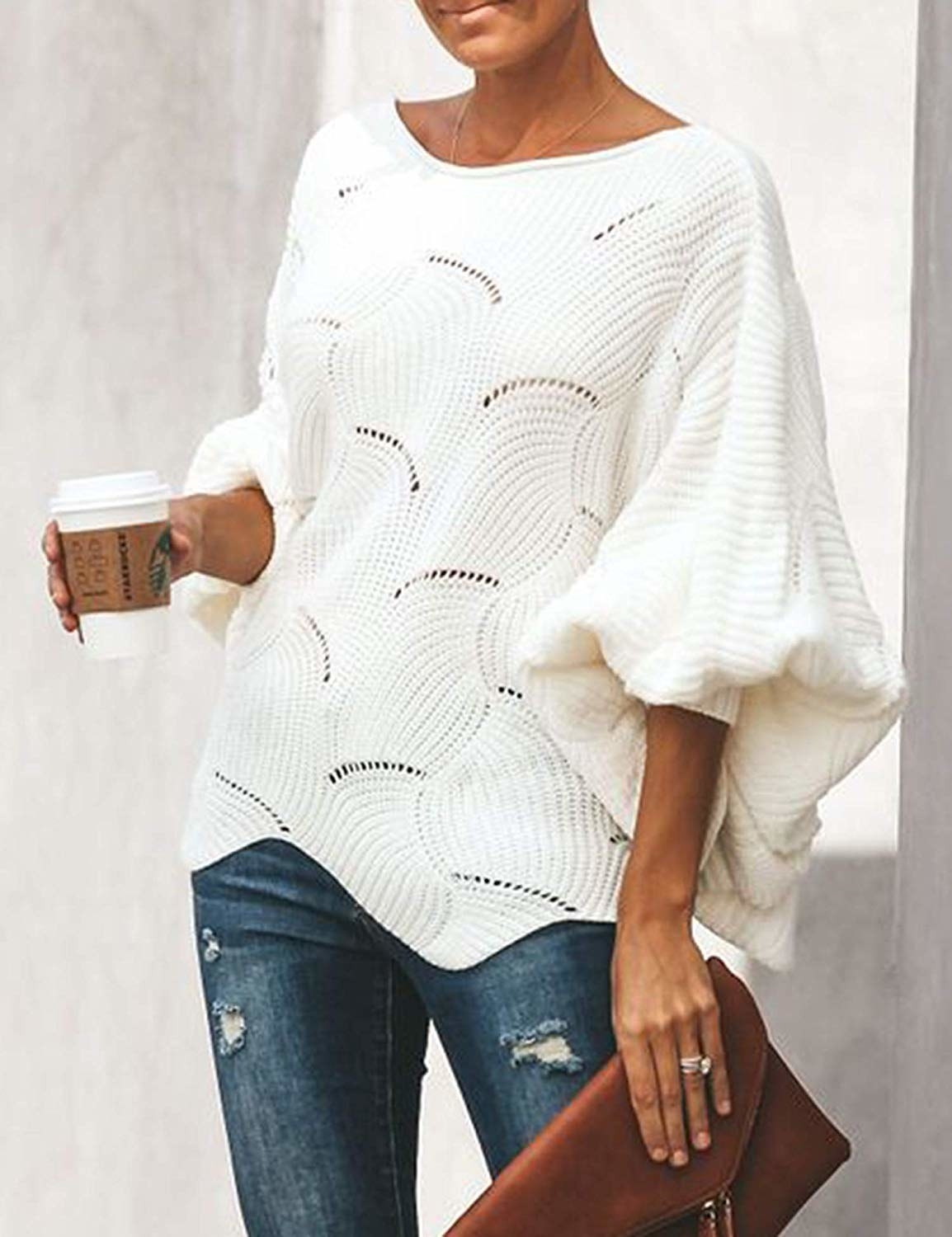 knit sweater with puffy sleeves with wavy pattern