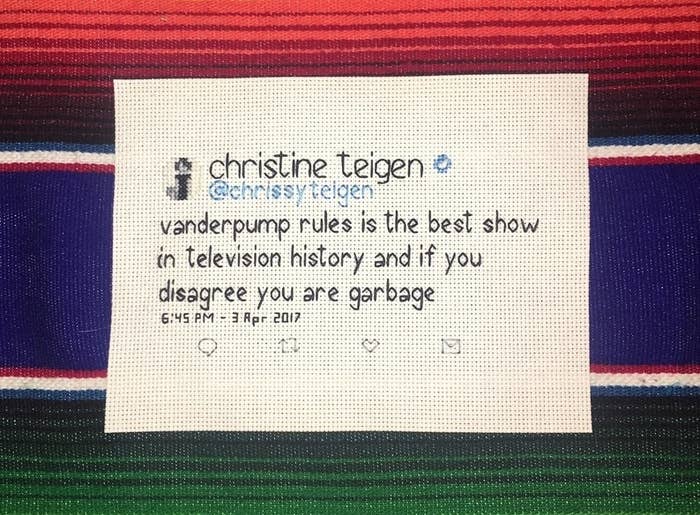 a cross stitch tweet from chrissy teigen about vanderpump rules
