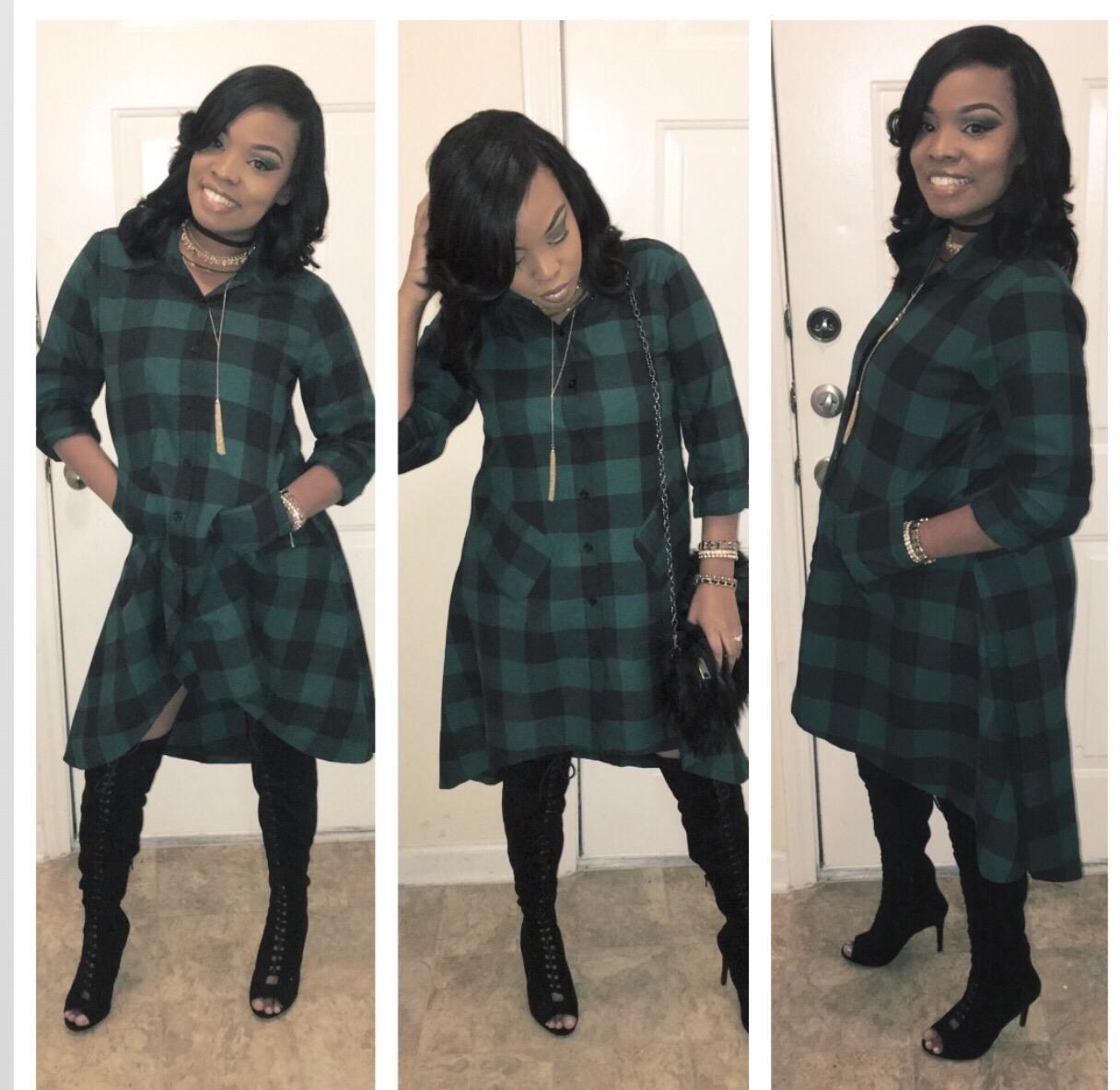 reviewer in the green and black plaid flannel dress with asymmetrical hem 