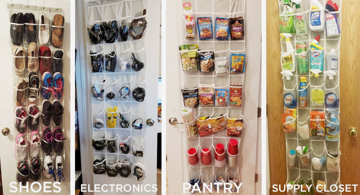 Reviewer shoes, electronics, pantry items, and cleaning supplies in hanging door organizer